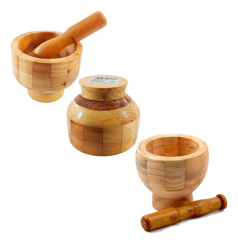 Pilão De Bambu Com Socador Moedor Temperos Alho Triturador