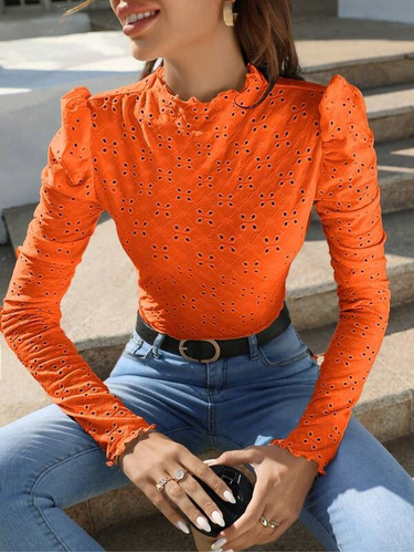 Blusa Con Bordado Con Ojal De Manga Farol Naranja