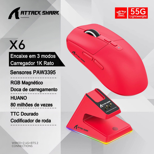 Ratón Bluetooth Attack Shark X6 Para Videojuegos Pixart Paw3