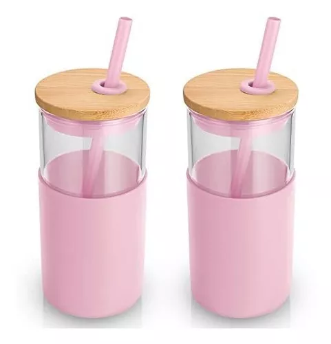 Vaso De Vidrio Con Tapa Y Popote Siliconaen Rosa 2pza 470ml