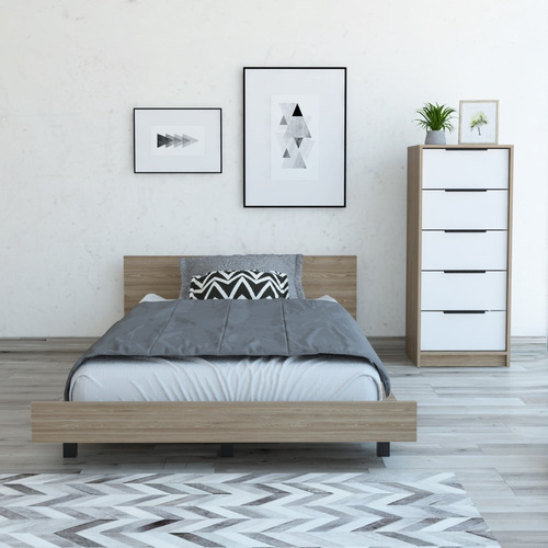 Cama 1,5 Plaza + Comoda 5 Cajones - Miel / Blanco