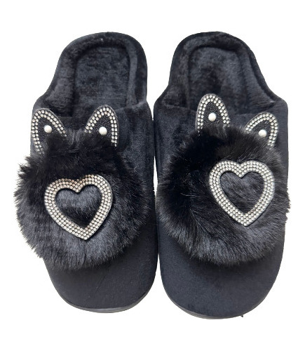 Pantuflas Negras Simil Piel Corazón Strasses 