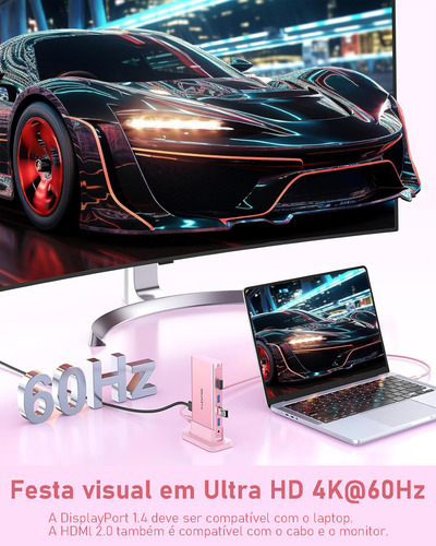 Adaptador Hub Usb C P Lention Dockstation 9 Em 1 4khdmi 3*usb3.0 100w Carregamento Rápido Rj45 Cor Rosa