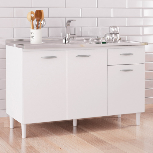 Balcão De Cozinha Com Pia Inox 120cm Classic P11 Branco