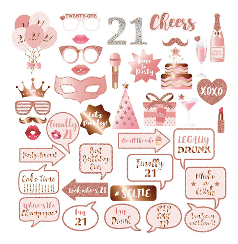 21º Cumpleaños Photo Booth Props And Signs, Rose Gold 21 Kit