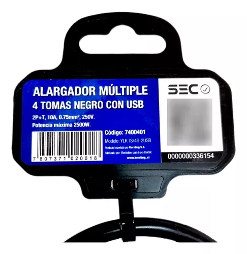 Alargador Zapatilla 4 Tomas 5 Mts 450n Philco Color Negro - Techbox