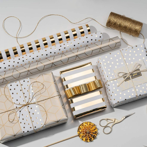 Papel Para Regalo 3 Rollos Diseño En Color Dorado Regalo