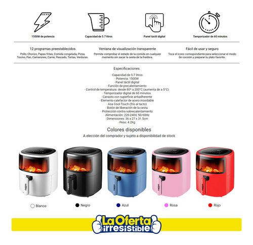 Freidora De Aire Nappo 1500w 5.7 Litros Con Luz Y Visor Rosa
