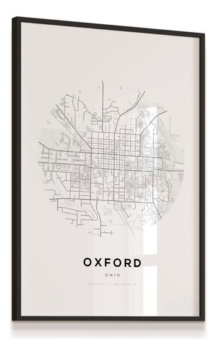 Quadro Laminado Mapa Oxford Ohio Cidade 53x73 Sala Escrit.
