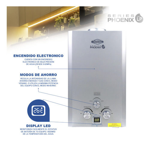 Boiler De 1.4 Servicios 8l Por Minuto Gas Lp Series Phoenix Color Plateado Tipo de gas GLP
