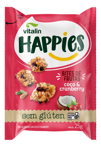 Snack Bites de Frutas Vitalin Happies coco e cranberry sem glúten 25 g