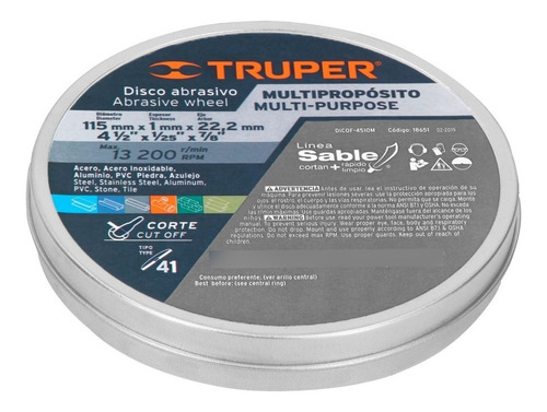 Disco 41 P/corte Multipropósito Sable 4-1/2 18651 Truper