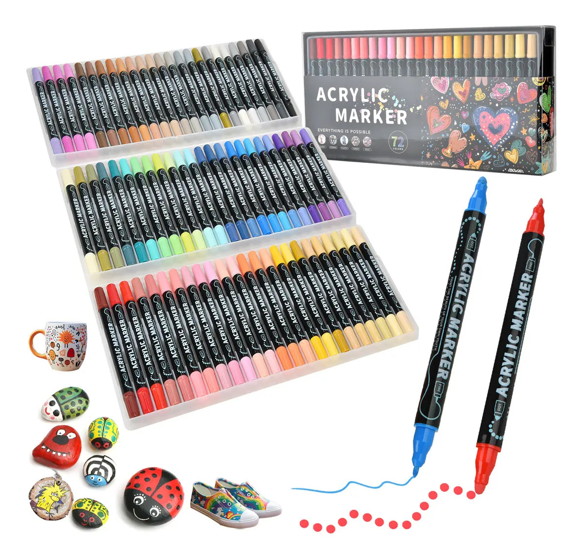 72 Colores Plumones Acrílicos Marcadores Kit Arte Punta 1mm Fino Resistente Agua,rotuladores Para Colorear Madera Piedra Vidrio Plástico Metal Niños niña Regalo Adultos Libro de Colorear
