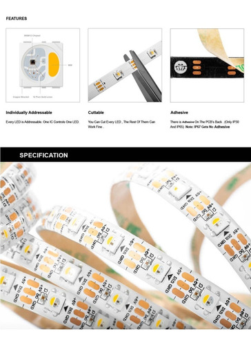 Imagen 6 de 9 de Cinta Led Rgbw 5m Ip30 Sk6812 60 Leds/m 5vdc