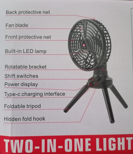 Ventilador De Mesa O Camping Portátil Recargable Con Luz Led