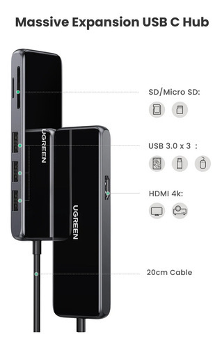 Usb C Hub 6 En 1 Ugreen Hdmi 4k+sd/tf+3 Puertos Usb 3.0