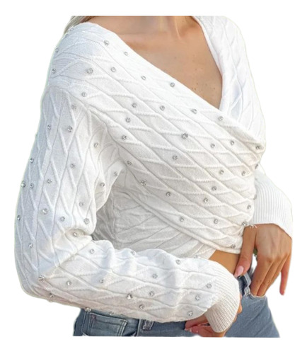Sweater Premium Tejido Cruzado Con Apliques De Brillos Mujer