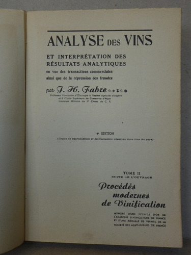 Fabre, J. H. Analyse Des Vins. 1936