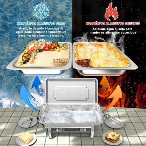 Rechaud Retangular 11 Litros Com 2 Cubas 1/2 Banho Maria E Fogão A Álcool 100% Aço Inoxidável Ideal Para Bufês Restaurantes Banquetes Potlucks Gaonas®