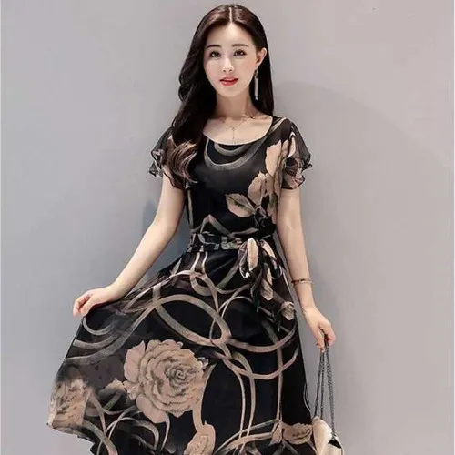 . Vestido Elegante Estampado De Gasa Sin Mangas Con Volantes