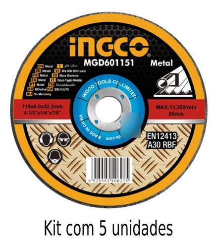 5 Discos De Desbaste P/ Metal 4.1/2  (115x6x22.2mm) - Ingco