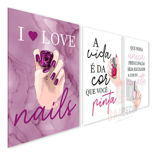 Set de 3 Quadrinhos 20x28 Manicure Alongamento Studio Unhas I Love Nails