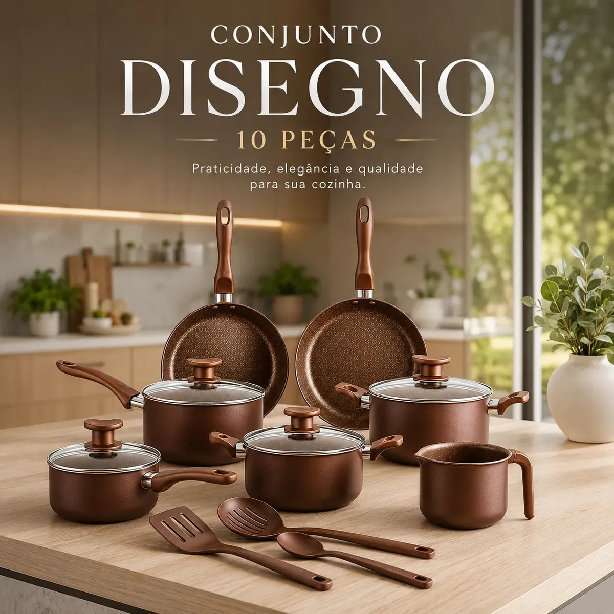Jogo De Panelas 10 Peças Antiaderente Marrom Com Tampa De Vidro Linha Familiar Designo Cozinha Alumínio Revestido Ideal Para Fritura Arroz Vapor Fogão Gás  Elétrico