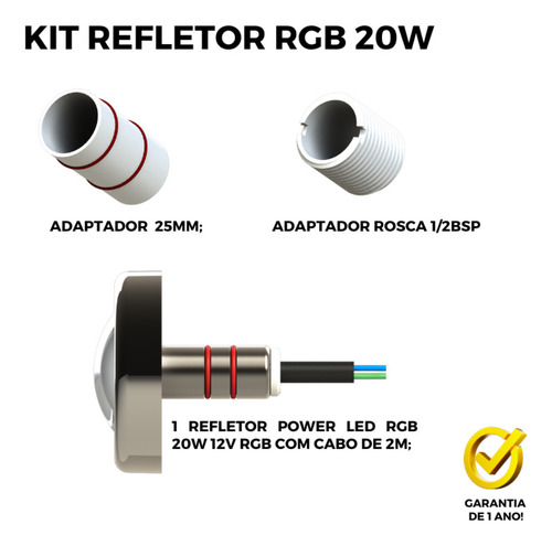 Refletor Led 20w Rgb Tholz Inox Premium Piscina Com Cabo 10m