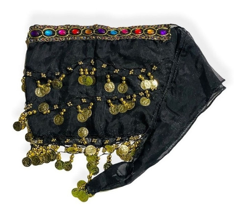 Kit Dança Do Ventre Cigana Tiara E Lenço De Moedas Com Pedra Cor Preto