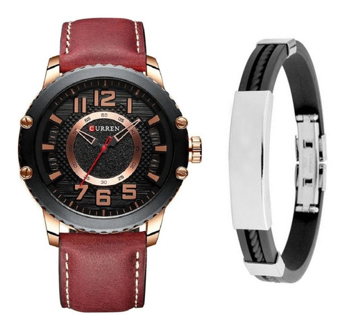 Relógio Dourado Masculino Curren Luxo + Pulseira Bracelete Cor da correia Bordô Cor do bisel Preto Cor do fundo Preto