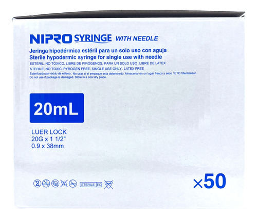 Jeringa HiPodérmica 20 Ml Con Aguja20x38 Nipro Caja C/50