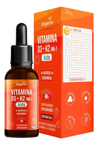 Vitamina D3 + K2 Mk-7 Kids, Em Gotas, D3 2000ui | K2 100mcg, Sabor Morango, 20ml, Bigens