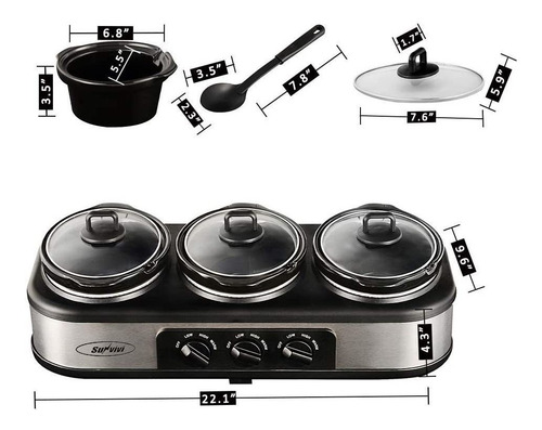 Imagen 7 de 8 de Triple Olla Lenta Con Pies Antideslizantes, 3 ? 1.5 Qt Olla