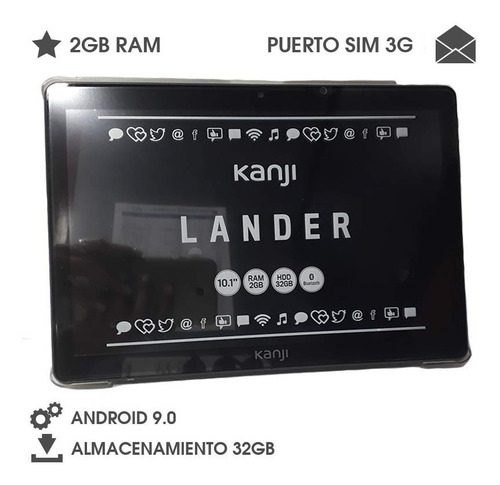 Tablet con funda Kanji Lander KJ-AC02 10.1" con red móvil 32GB negra y 2GB de memoria RAM