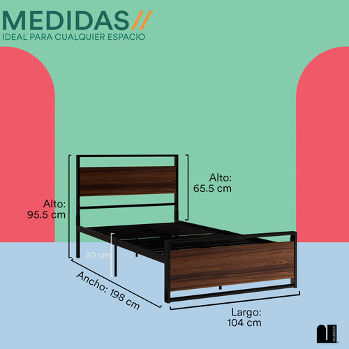 Base De Cama Individual Mubson Con Cabecera De Acero Color Marrón