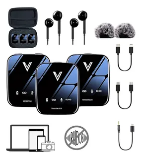 V Innovation S08 Micrófono Profesional Lavalier Solapa Inalámbrico Para Celular Cámara Pc Gamer Condensador Bluetooth Reducción De Ruido Con Auriculares De Monitoreo Parabrisas Y Estuche Color Negro