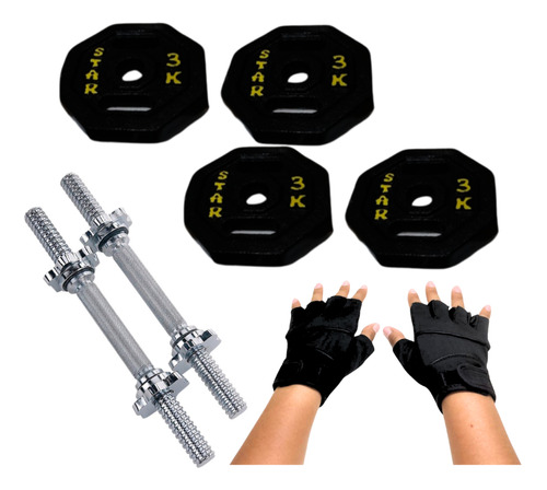 Barra Recta Discos Pesa Guantes+ Manubrio Pvc Set Pack 12kg