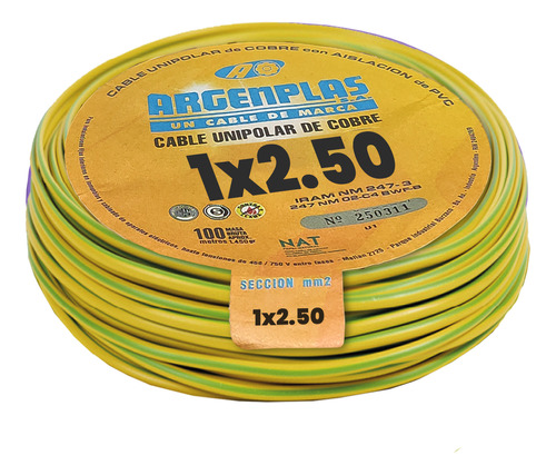 Cable Unipolar 2,50mm2 Pvc Verde/amarillo Argenplas X 100mt