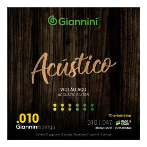 Encordoamento Giannini Violão Aço 010 12 Cordas Acustico