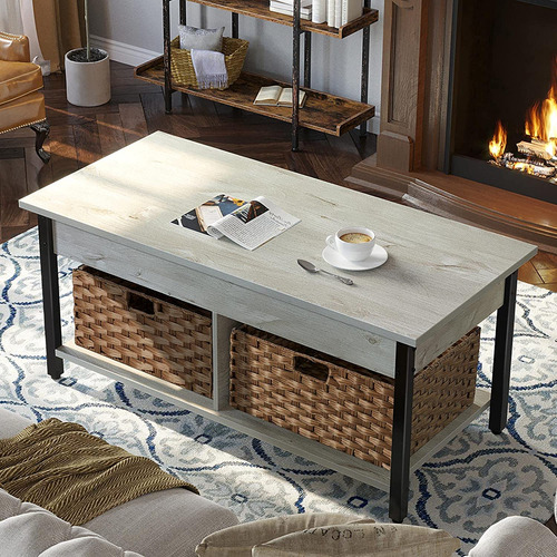 Mesa De Centro Con Almacenamiento Y Cestas De Ratán Gris