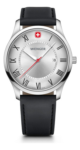 Reloj City Classic Correa De Cuero Negro, Dial Plata, Wenger