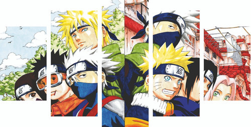 Quadro Decorativo 5 Partes Mosaico Time 7 Naruto Classico Cor Colorido Cor da armação Marrom