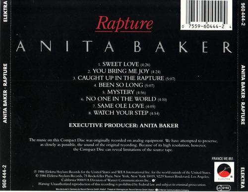 Cd Álbum Rapture - Anita Baker - Elektra 1986 Estándar (Usado)