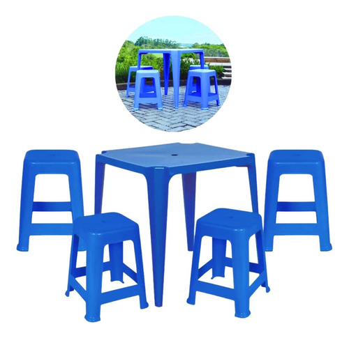 Kit Uma Mesa Quadrada + 4 Banquetas Em Plástico Azul Empilhá