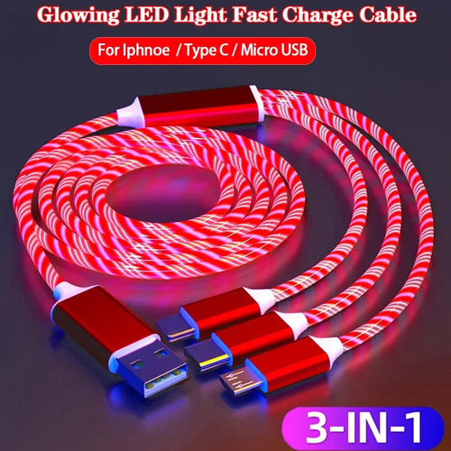 Cable Cargador, 4 En 1! Tres Puntas, Luz Led! Color Rojo!