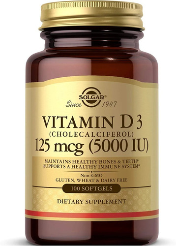 Vitamina D3 125mcg 5,000iu 100 Capsulas Blandas Solgar