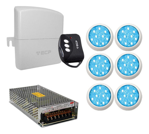 Kit 6 Led Piscina Monocromático 9w + Central + Controle Azul