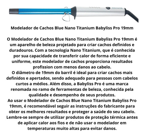 Modelador De Cachos Babyliss Pro Blue Nano Cone 19mm Bivolt