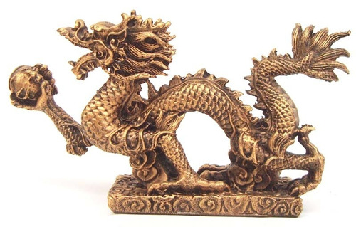 Dragão Chines Com Base Estatueta Decorativa Em Resina Cor Dourado