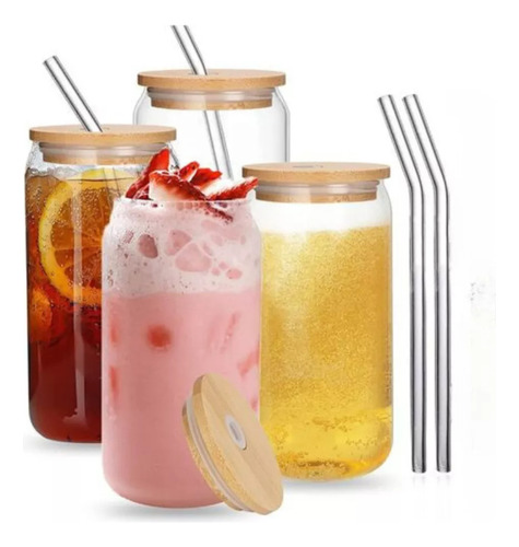 Nuevo Pack De 4vasos De Vidrio Con Tapa De Bambú +bombilla